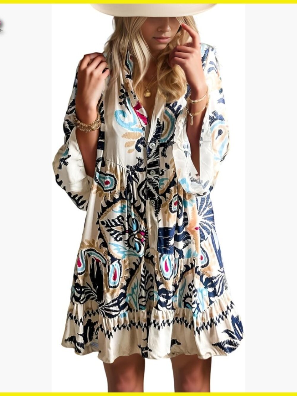 Flowy Ruffle Tiered Babydoll Boho Mini Dress 3/4 Sleeve V Neck Casual